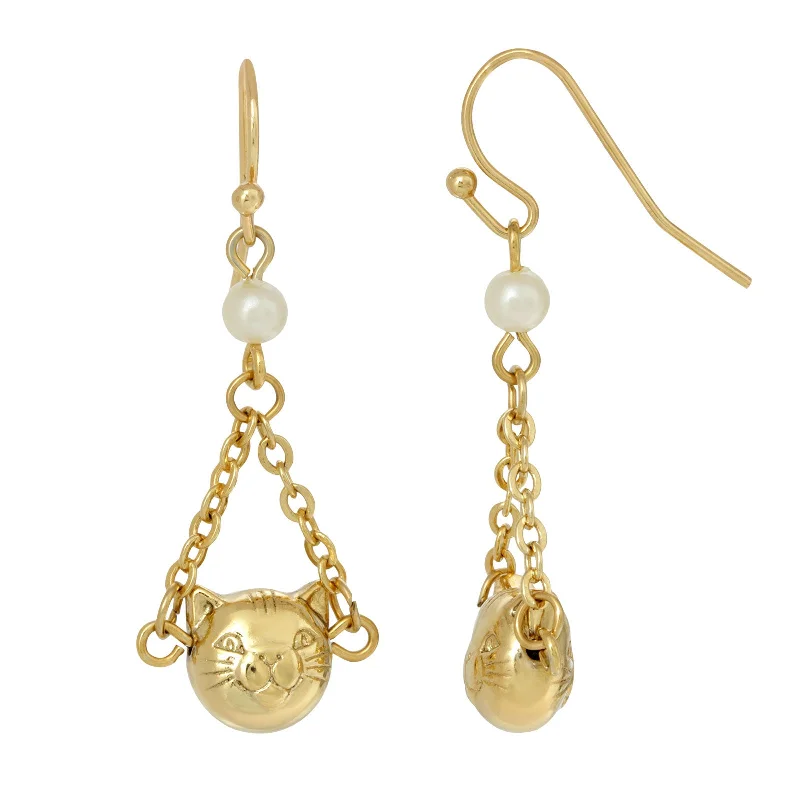 1928 Jewelry® 14K Gold Dipped Cat Face With Faux Pearl & Chain Drop Wire Earrings