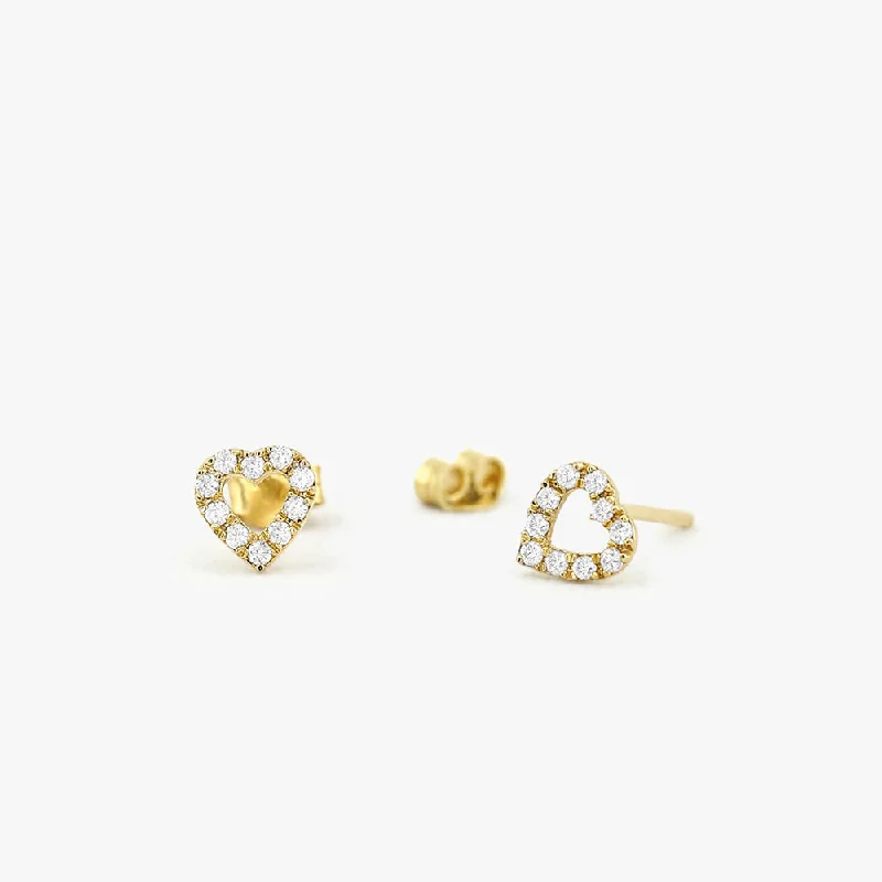 14K Gold Mini Heart Earrings Diamond Studs