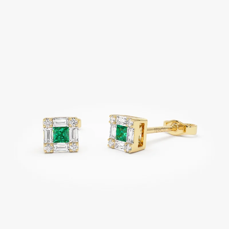 14K Princess-Cut Emerald Stud Earrings with Diamond Halo