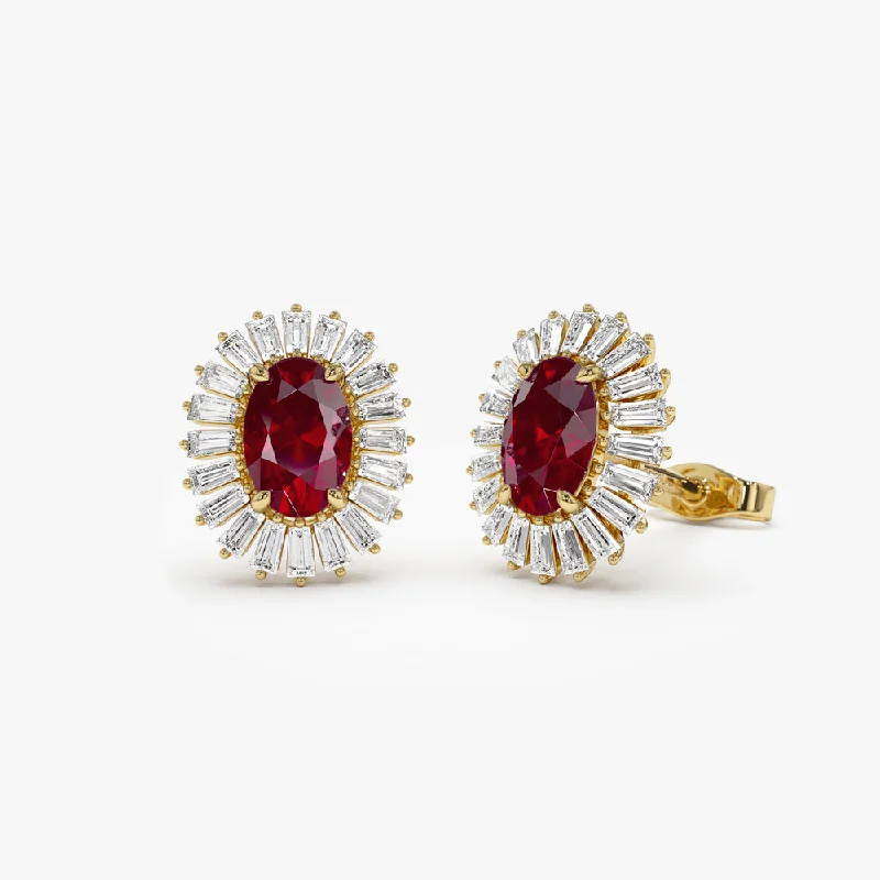 14k Ruby and Baguette Diamond Ballerina Stud Earrings