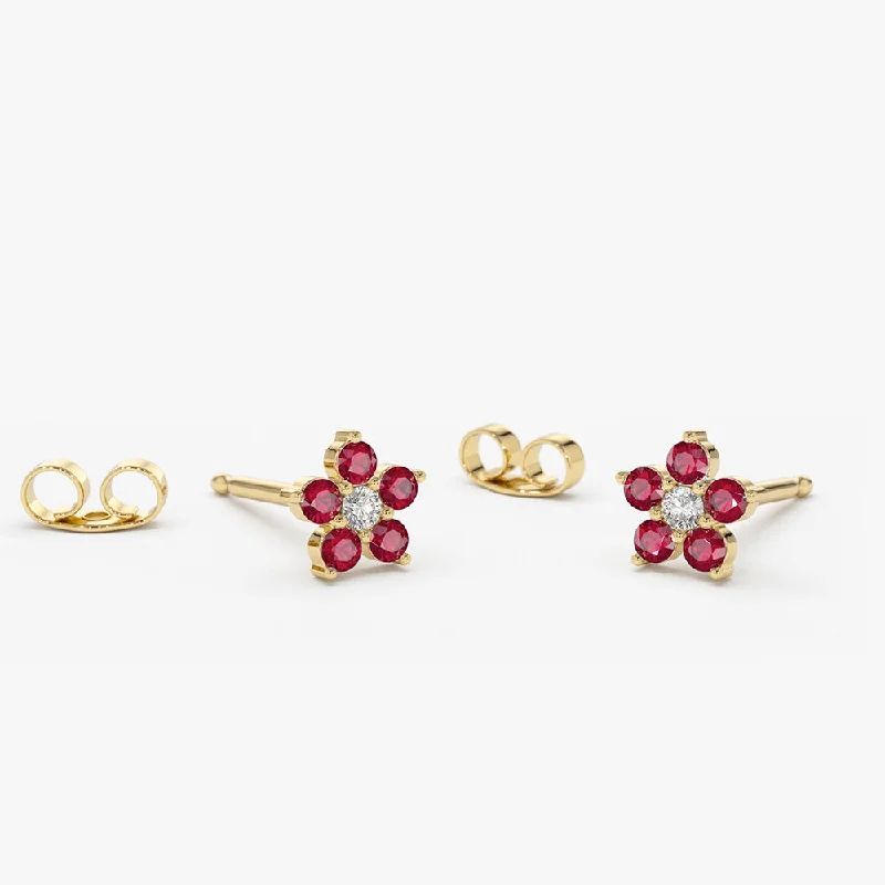 14K Ruby and Diamond Flower Studs