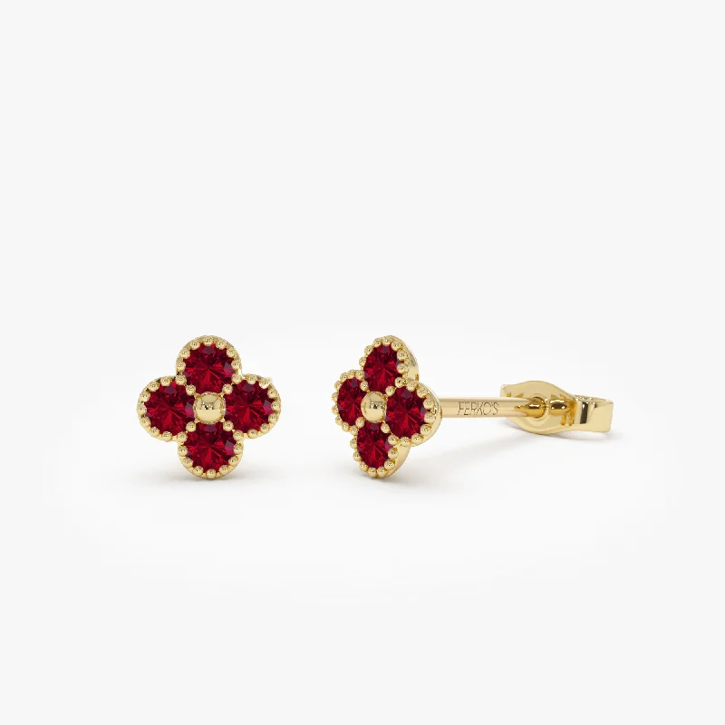 14k Ruby Clover Beaded Studs