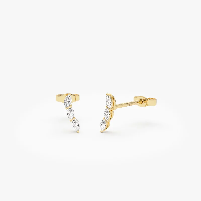 14k Three Stone Marquise Shaped Diamond Studs