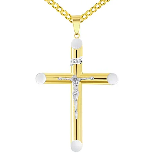 14k Two-Tone Gold 5mm Thick INRI Tubular Crucifix Cross Pendant with Curb Chain Necklace