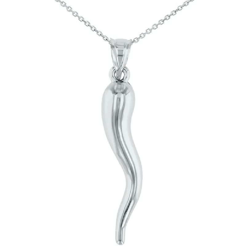 14k White Gold Large Cornicello Horn Pendant Necklace - 3D