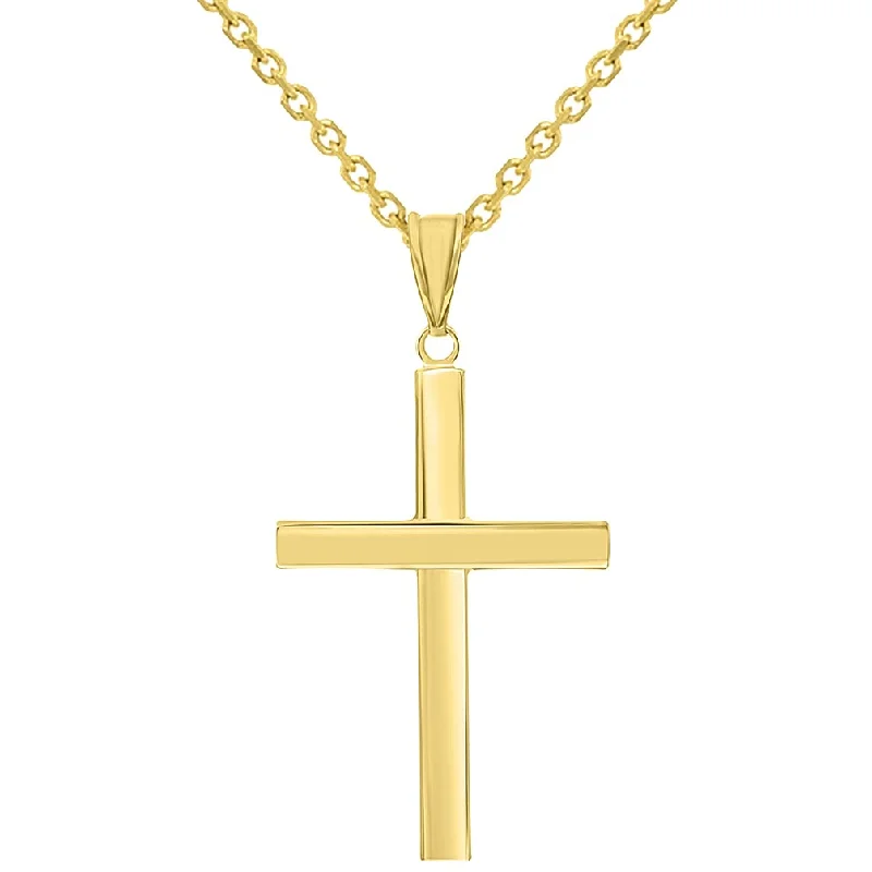 14k Yellow Gold Polished Simple Religious Cross Pendant With Cable, Curb or Figaro Chain Necklace