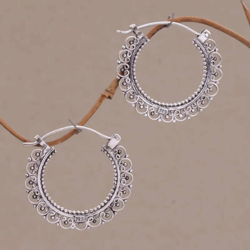 Balinese Lace Sterling Silver Hoop Earrings