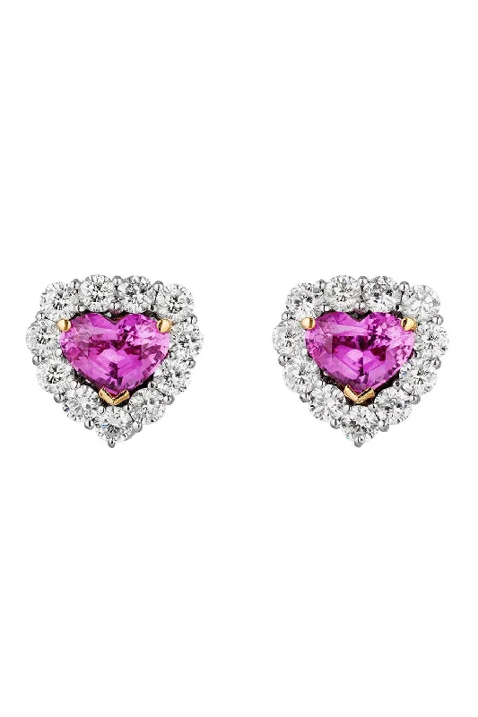 Pink Sapphire Diamond Heart Stud Earrings