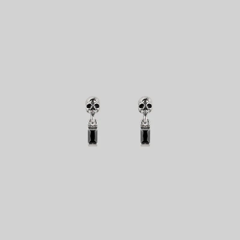 BEAUX. Tiny Skull & Black Spinel Stud Earrings - Silver