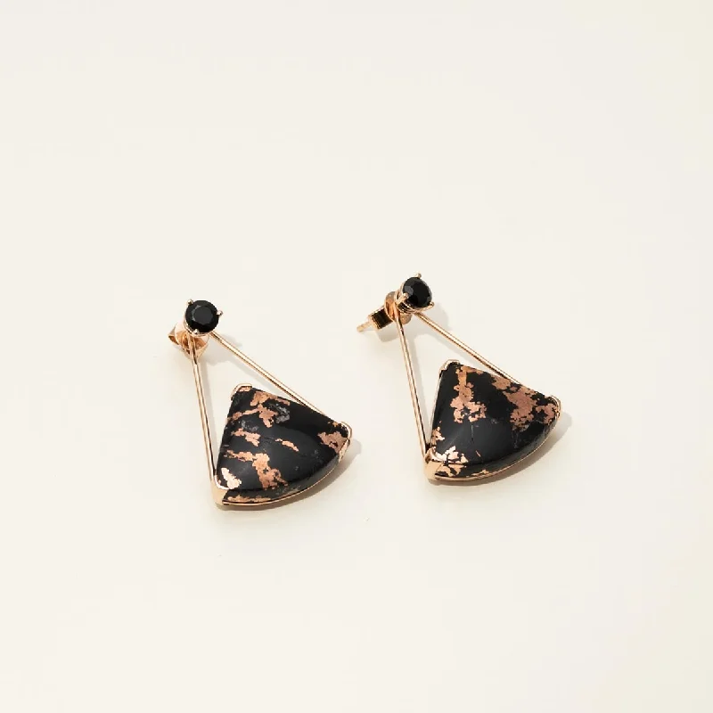 Black Onyx with Copper Plumes and Black Spinel Drop Earrings in 14k Rose Gold