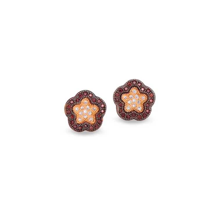 Black Rhodium & Gold Finish Sterling Silver Micropave Flower Earrings with 62 Brown and White Simulated Diamonds