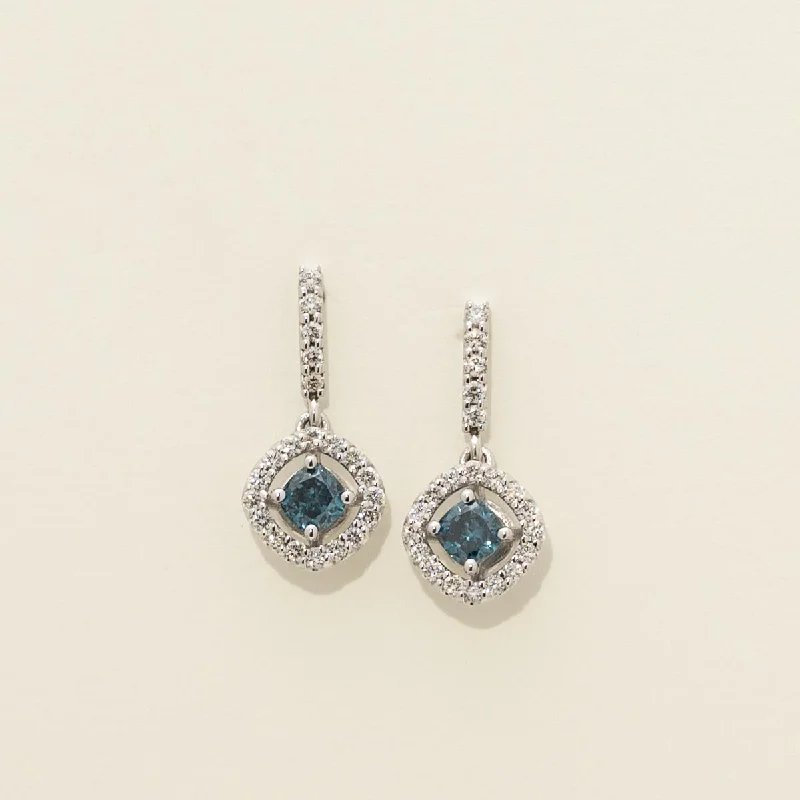 Blue and White Diamond Drop Earrings in 14kt White Gold (1ct tw)