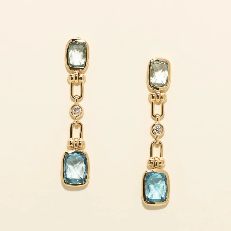 Blue Topaz and Swiss Blue Topaz Drop Earrings in 14kt Yellow Gold with Diamonds (1/10ct tw)