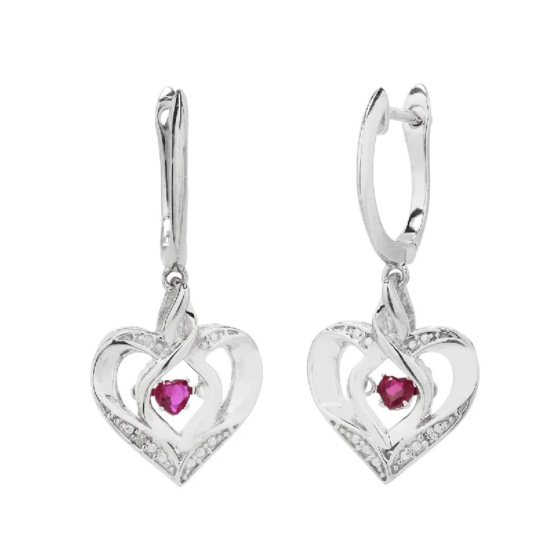 Created Ruby Heart Drop Earrings in Sterling Silver with Diamonds