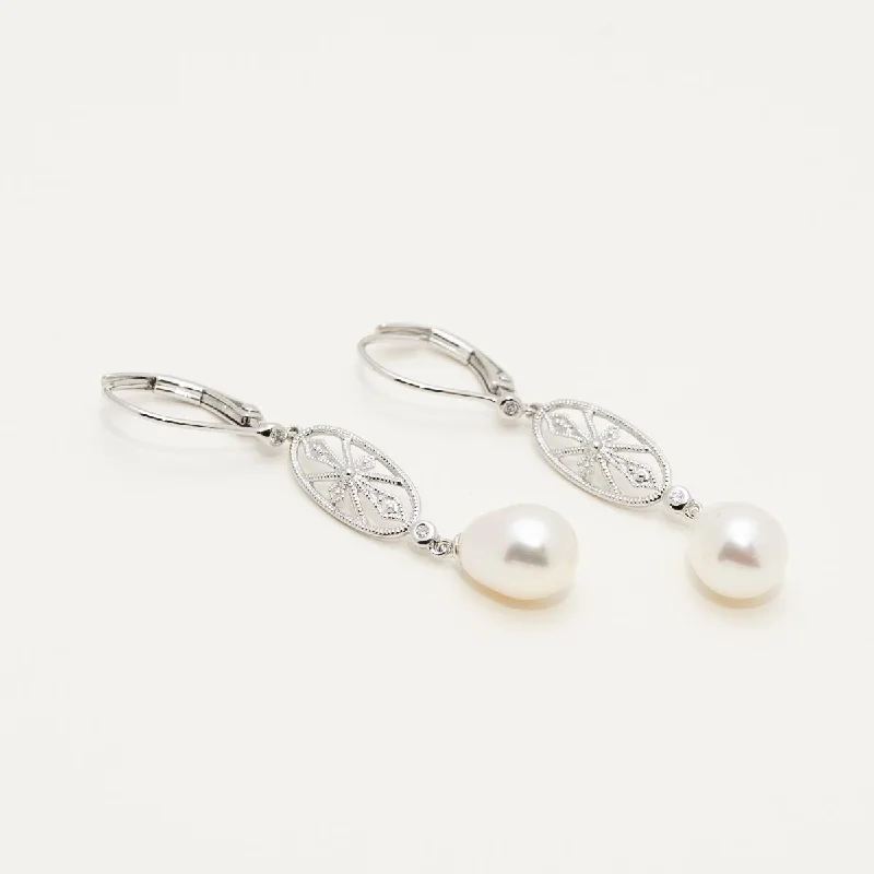 Cultured Fresh Water Pearl Drop Earrings in 14kt White Gold with Diamonds (.02ct tw and 6mm pearls)