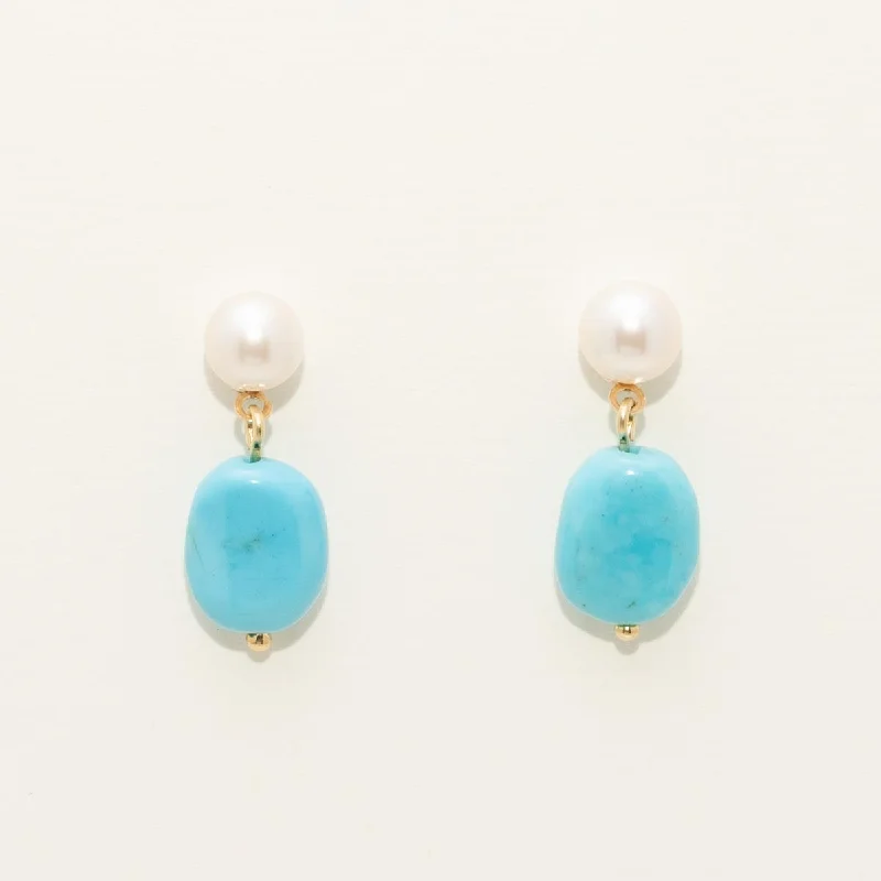 Cultured Freshwater Pearl and Turquoise Drop Earrings in 14kt Yellow Gold (6mm pearls)