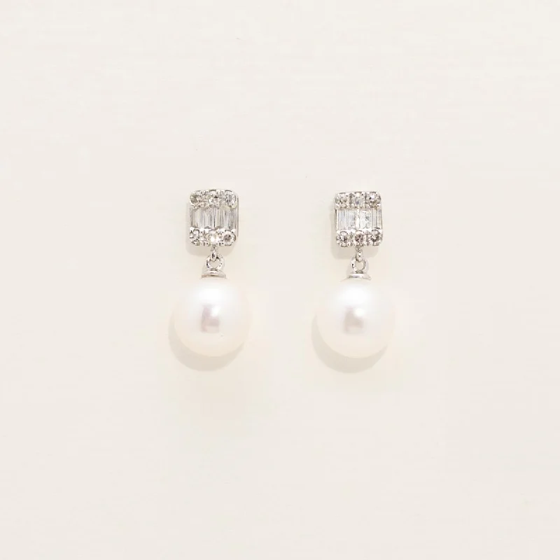 Cultured Freshwater Pearl Drop Earring in 14kt White Gold with Diamonds (1/10ct tw and 6mm pearls)