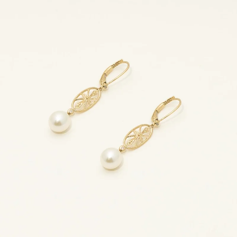 Cultured Freshwater Pearl Drop Earrings in 14kt Yellow Gold with Diamonds ( .03ct tw with 6.5mm pearls)