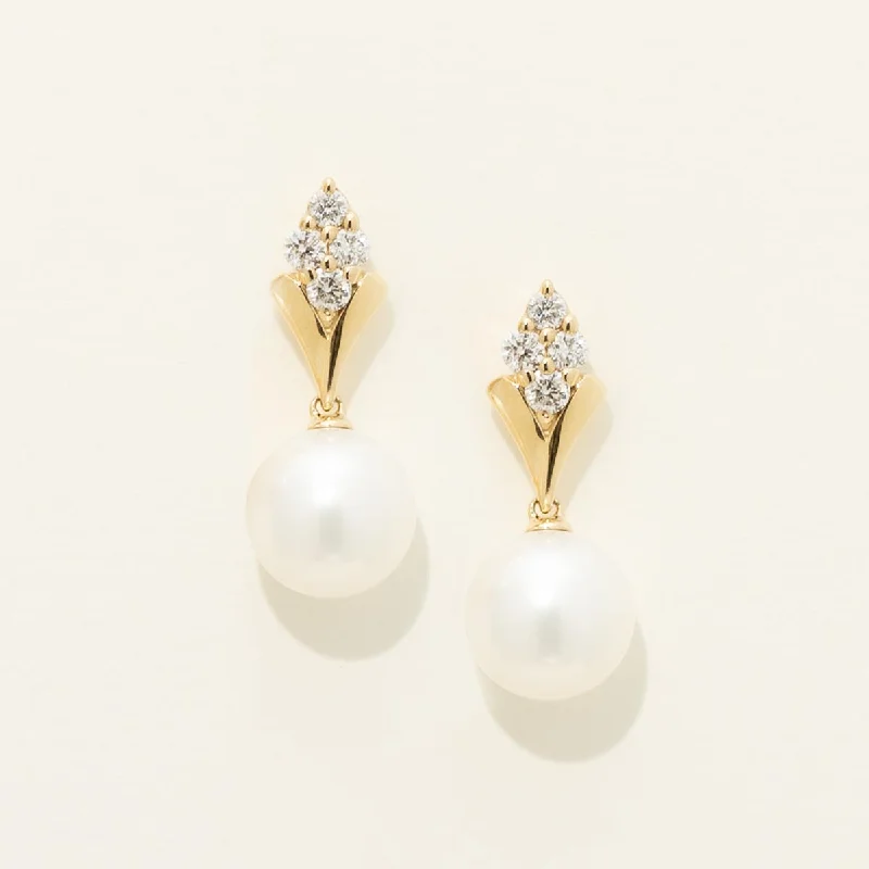 Cultured Freshwater Pearl Drop Earrings in 14kt Yellow Gold with Diamonds (1/4ct tw and 7.5mm pearls)