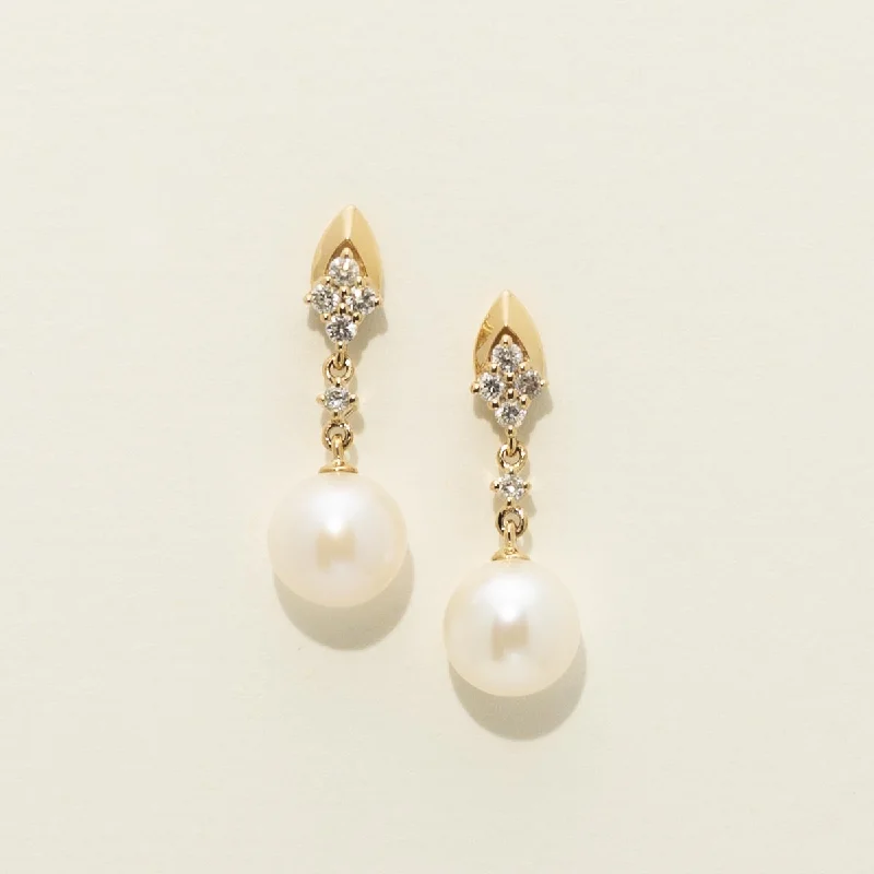 Cultured Freshwater Pearl Drop Earrings in 14kt Yellow  Gold with Diamonds (1/7ct tw and 7mm pearls)