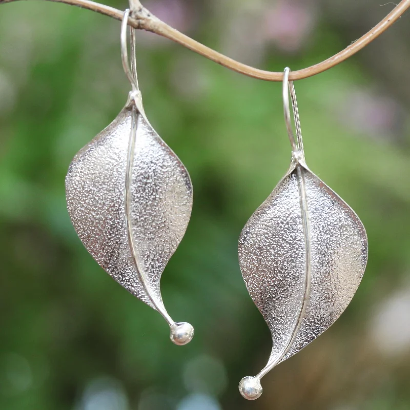 Curved Leaves Modern Leaf-Shaped Sterling Silver Drop Earrings from Bali