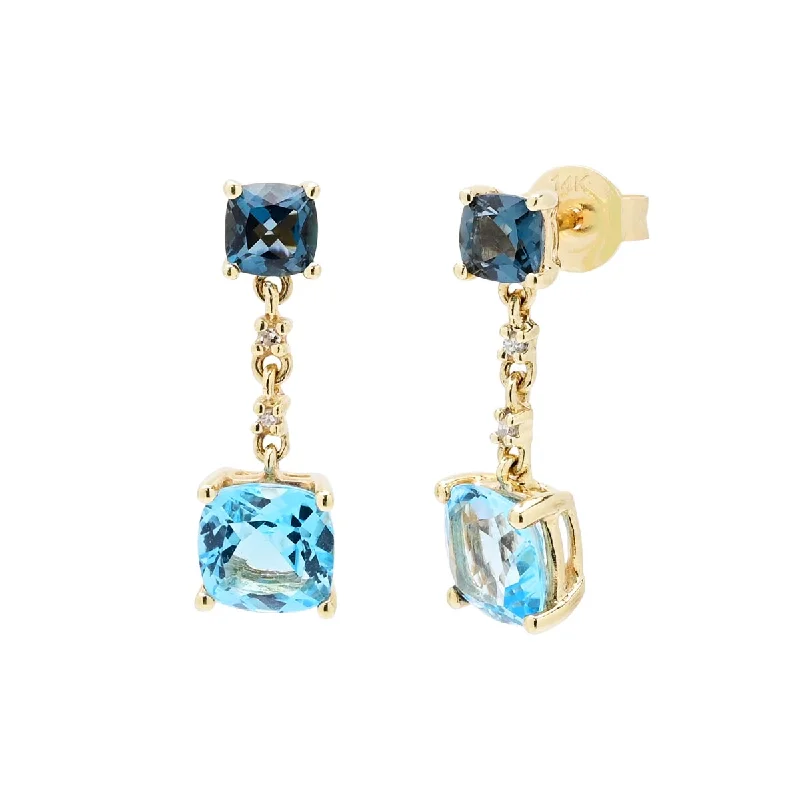 Cushion Cut Swiss Blue Topaz and London Blue Topaz Drop Earrings in 14kt Yellow Gold