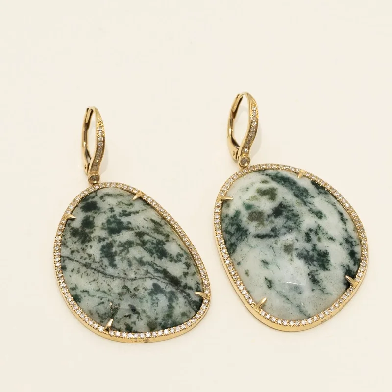 Dabakarov Moss Agate Drop Earrings in 14kt Yellow Gold with Diamonds (1/2ct tw)