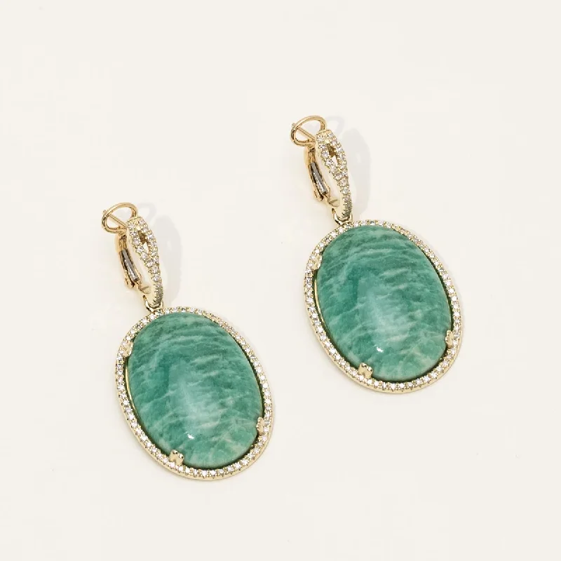 Dabakarov Oval Amazonite Drop Earrings in 14kt Yellow Gold with Diamonds (3/8ct tw)