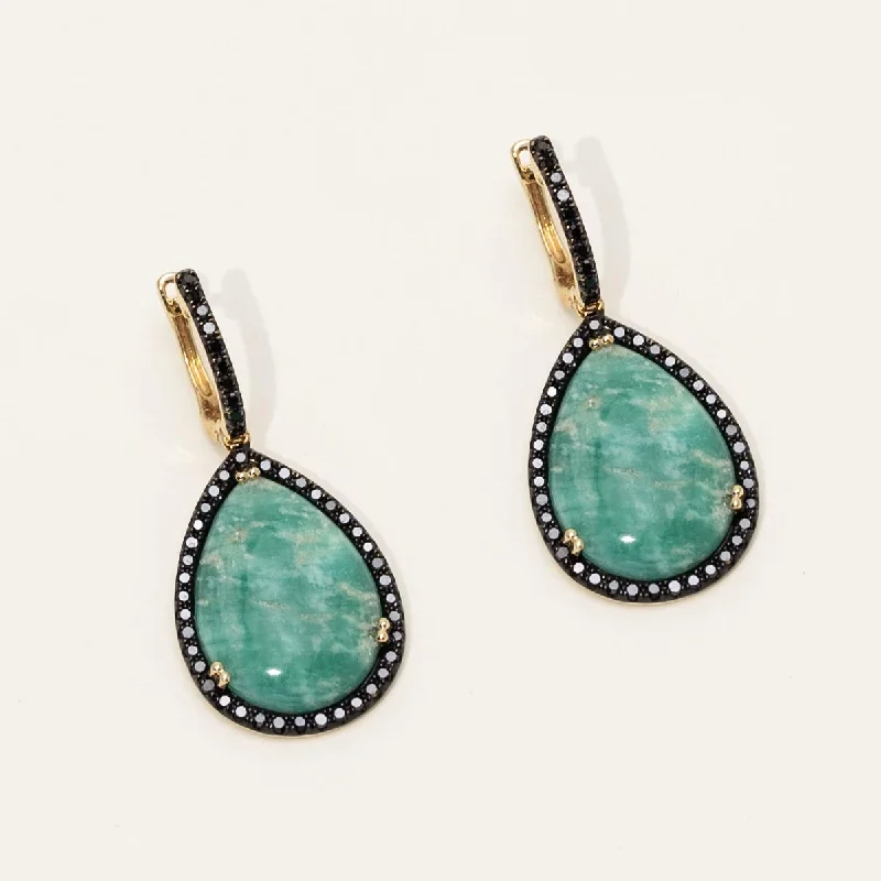 Dabakarov Pear Shape Amazonite Drop Earrings in 14kt Yellow Gold with Black Diamonds (5/8ct tw)