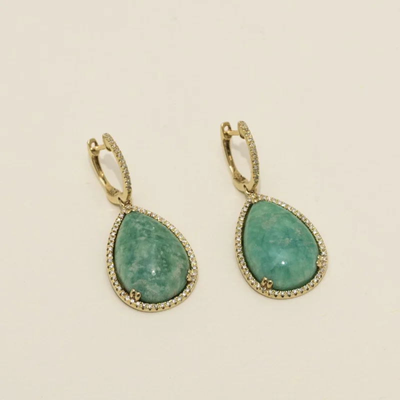 Dabakarov Pear Shape Amazonite Drop Earrings in 14kt Yellow Gold with Diamonds (1/3ct tw)