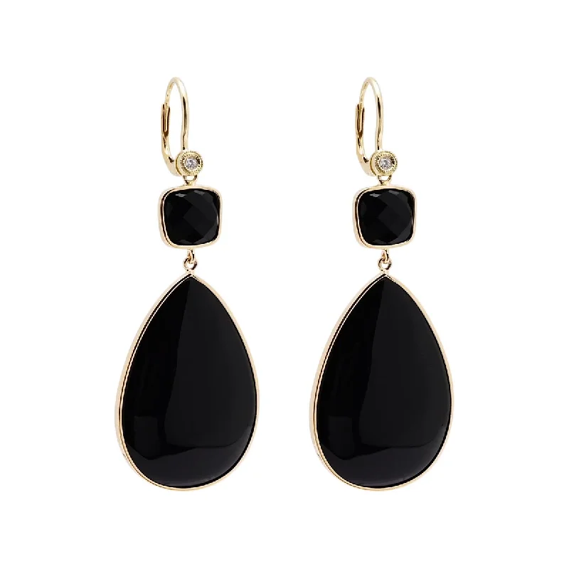 Dabakarov Pear Shape Black Agate Drop Earrings in 14kt Yellow Gold with Diamonds (.04ct tw)