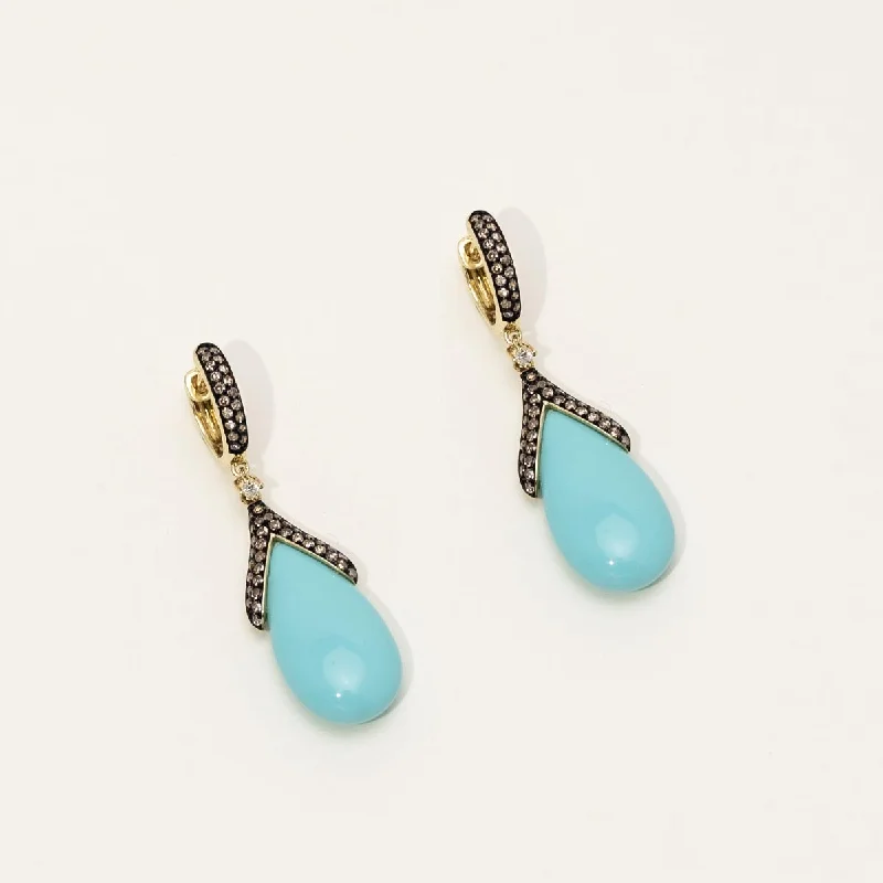 Dabakarov Pear Shape Turquoise Drop Earrings in 14kt Yellow Gold with Champagne Diamonds (3/4ct tw)