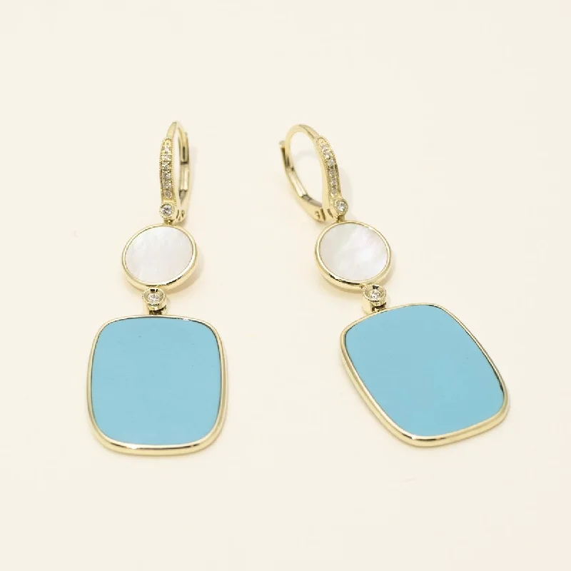 Dabakarov Turquoise and Mother of Pearl Drop Earrings in 14kt Yellow Gold with Diamonds (1/7ct tw)