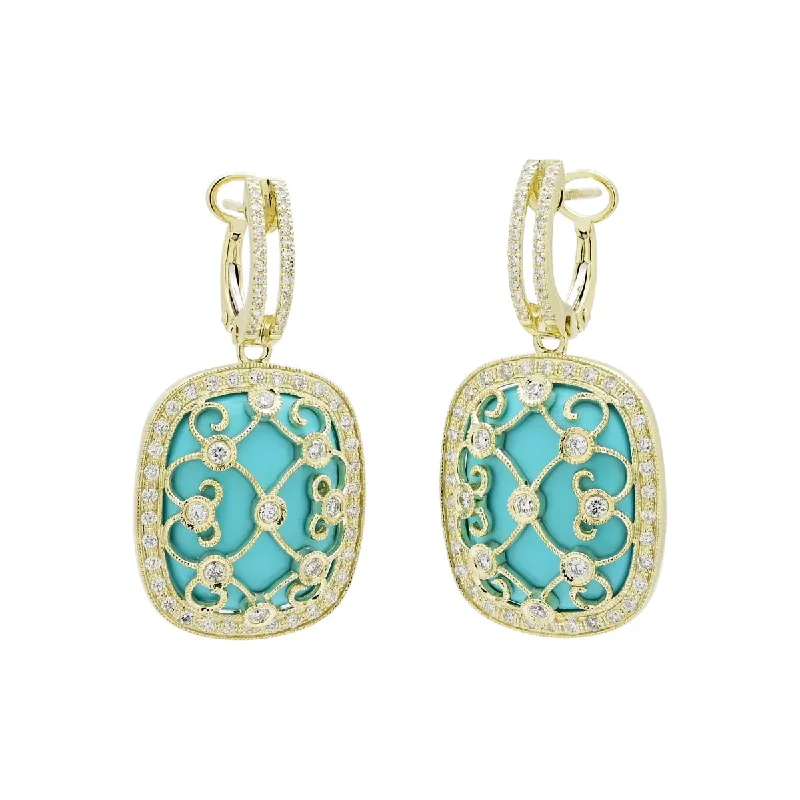 Dabakarov Turquoise Drop Earrings in 14kt Yellow Gold with Diamonds (1ct tw)