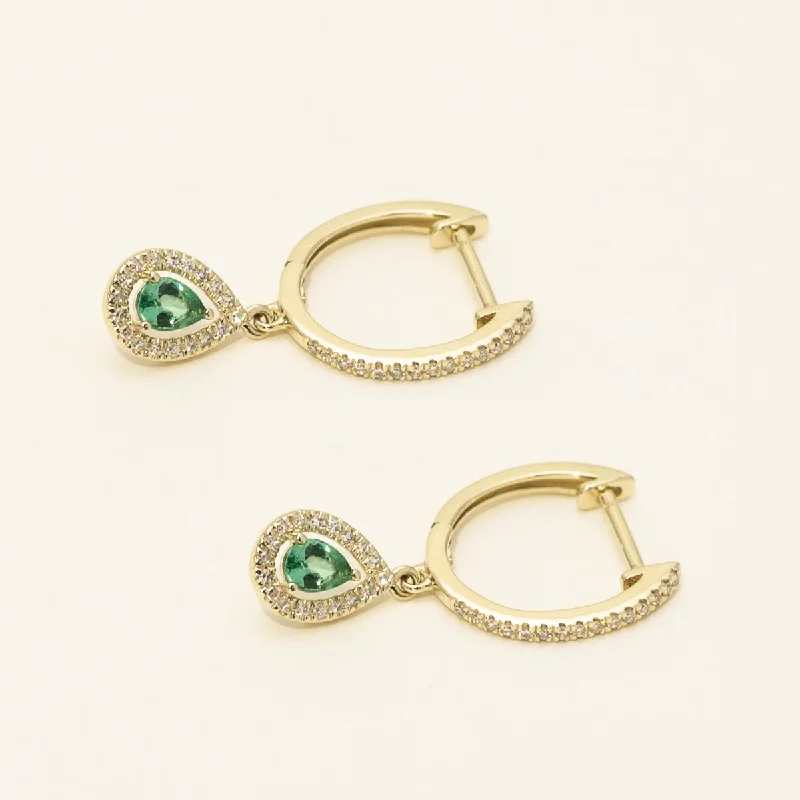 Dabarakov Pear Shape Emerald Drop Earrings in 14kt Yellow Gold with Diamonds (1/5ct tw)