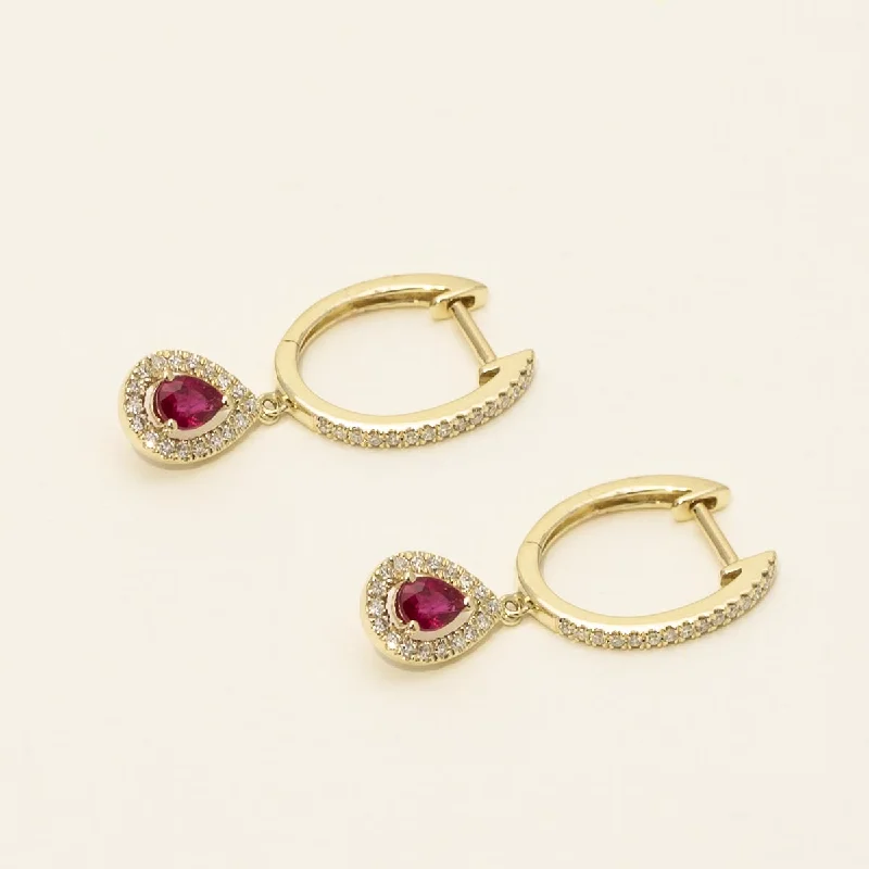 Dabarakov Pear Shape Ruby Drop Earrings in 14kt Yellow  Gold with Diamonds (1/5ct tw)