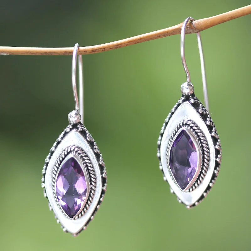 Diamond Sparkle Sterling Silver Amethyst Drop Earrings