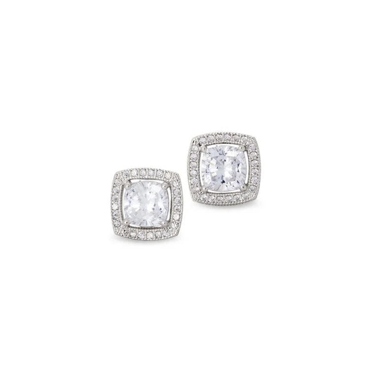 Platinum Finish Sterling Silver Micropave Cushion Cut Earrings with 50 Simulated Diamonds