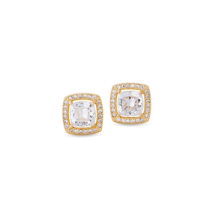 Gold Finish Sterling Silver Micropave Cushion Cut Earrings with 50 Simulated Diamonds