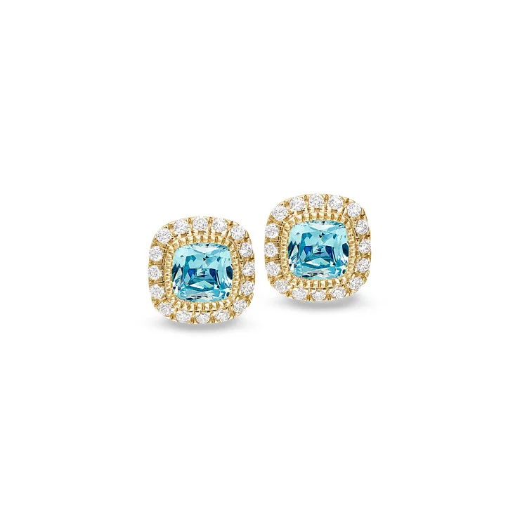 Gold Finish Sterling Silver Micropave Simulated Aqua Marine Earrings with Simulated Diamonds