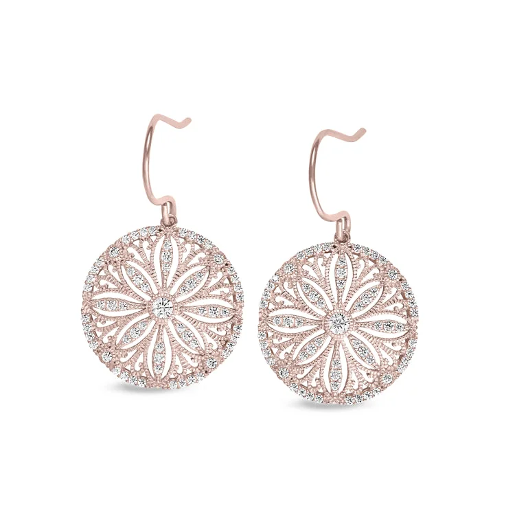 Rose Gold Finish Sterling Silver Micropave Vintage Sand Dollar Earrings with Simulated Diamonds