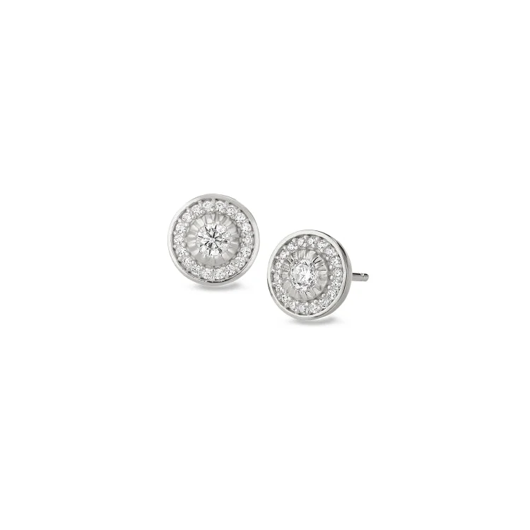 Platinum Finish Sterling Silver Micropave Halo Earrings with Simulated Diamonds