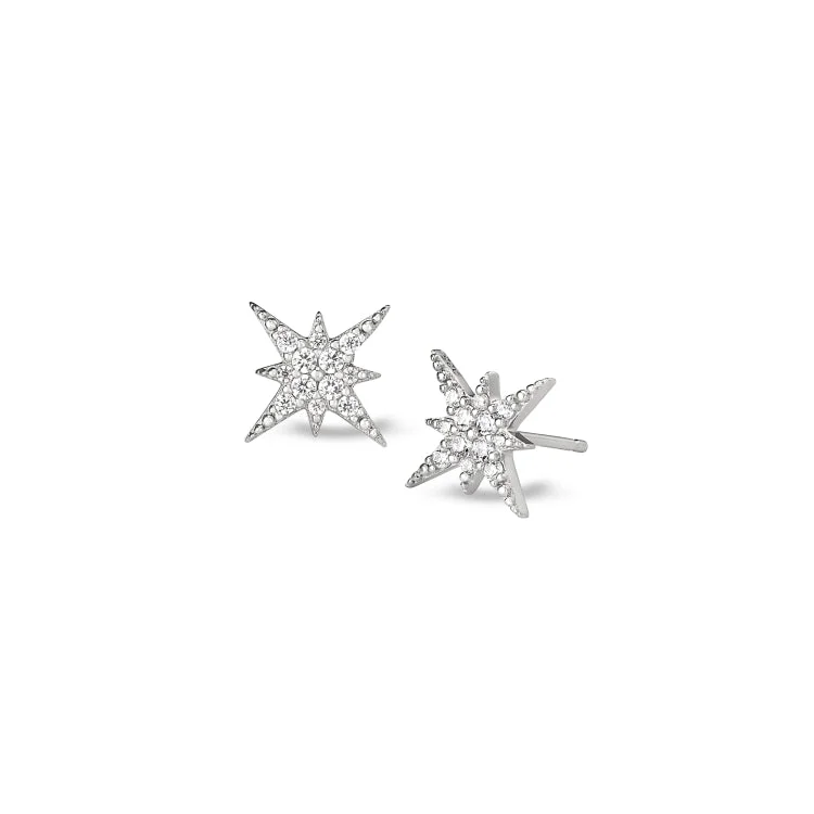 Platinum Finish Sterling Silver Micropave Starburst Earrings with Simulated Diamonds