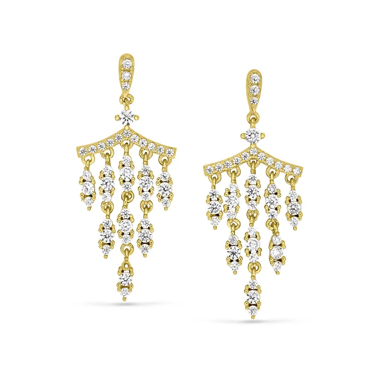 Gold Finish Sterling Silver Micropave Chandelier Earrings with Simulated Diamonds