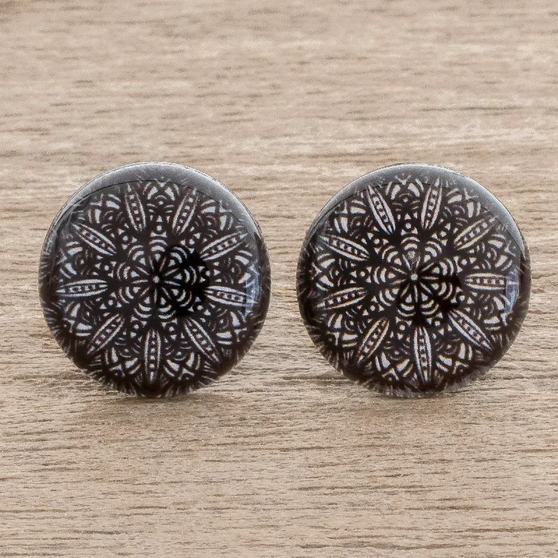 Elegant Intricacy Black and White Resin and Paper Stud Earrings