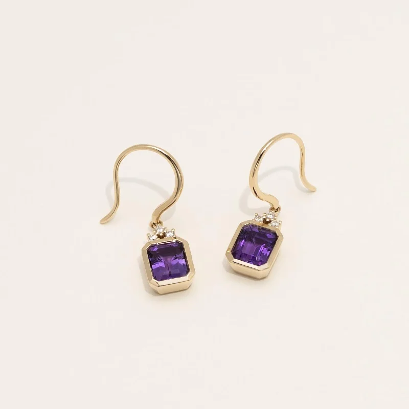 Emerald Cut Amethyst Drop Earrings in 14kt Yellow Gold with Diamonds (1/10ct tw)