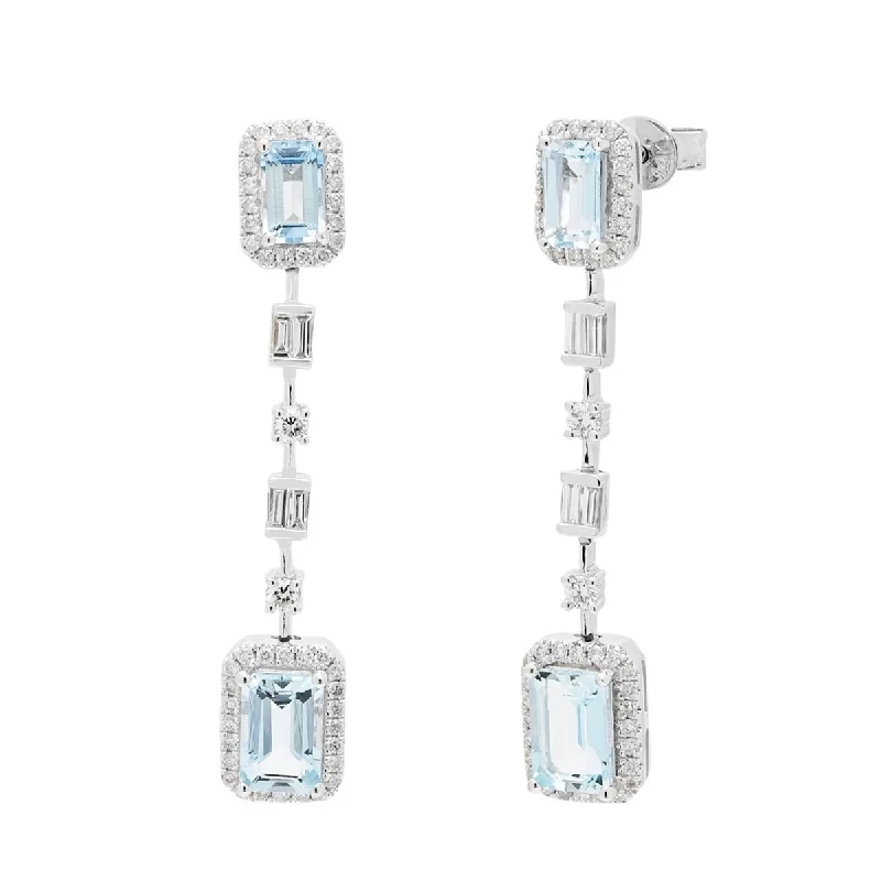 Emerald Cut Aquamarine Drop Earrings in 14kt White Gold with Diamonds (1/3ct tw)