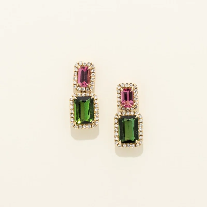 Emerald Cut Pink and Green Tourmaline Drop Earrings in 14kt Yellow Gold with Diamonds (1/3ct tw)