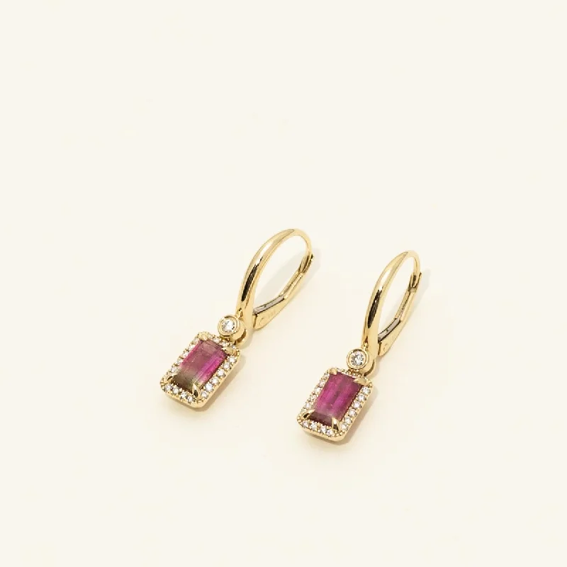 Emerald Cut Watermelon Tourmaline Drop Earrings in 14kt Yellow Gold with Diamonds (1/5ct tw)