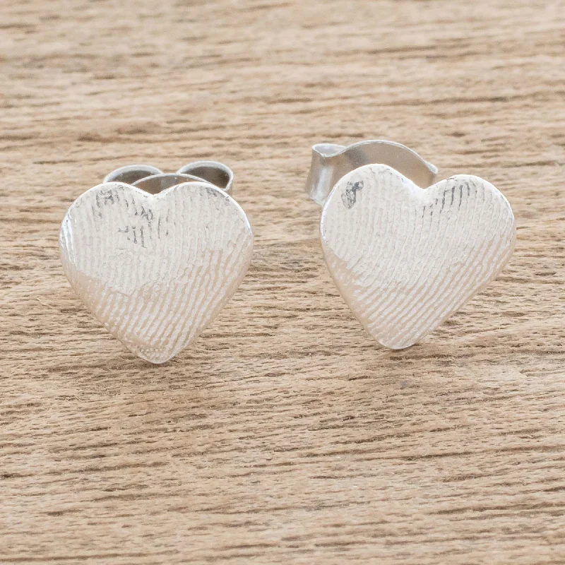 Fingerprint of Love Heart-Shaped Fine Silver Stud Earrings from Guatemala